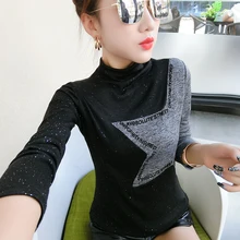 Европейский осень и зима мода звезды пэчворк буквы с длинными рукавами женские Высокий воротник вязать дна футболки