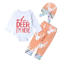 Милый Рождественский олень из 3 предметов, боди для новорожденных мальчиков и девочек, хлопковый верхний комбинезон+ штаны+ шапка, повседневная одежда из хлопка для малышей, комплекты одежды DS40