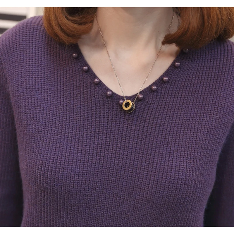 2018-New-Autumn-Beading-Women-Knitted-Sweater-Pullovers-Casual-V-neck-Flare-Sleeve-Solid-Color-Slim