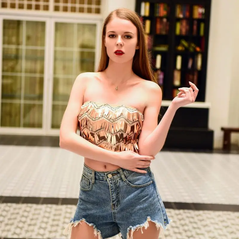 

Sexy Crop Tops Women Summer Short Tee Shirt Sequined Shining Off Shoulder Halter Top Hanging Tube Streetwear Party Night Club