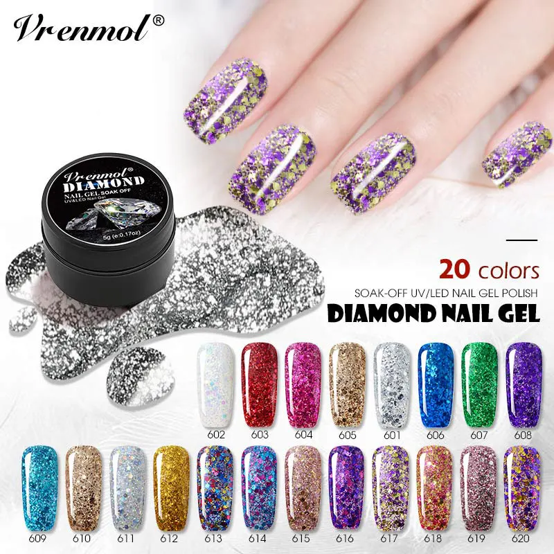 Vrenmol 20 цветов, блестящий 3D Алмазный гель для ногтей, кристаллический лак, дизайн ногтей canni, впитывающий гель Vernis Folie Lijm, маникюр