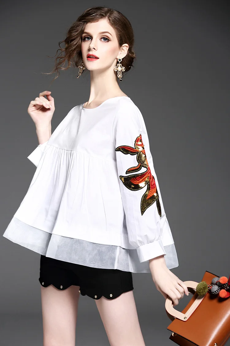 Fashion Goldfish Animal Embroidery Beading Decoration O-Neck Loose Style Cute Blouse Shirt Women (9)