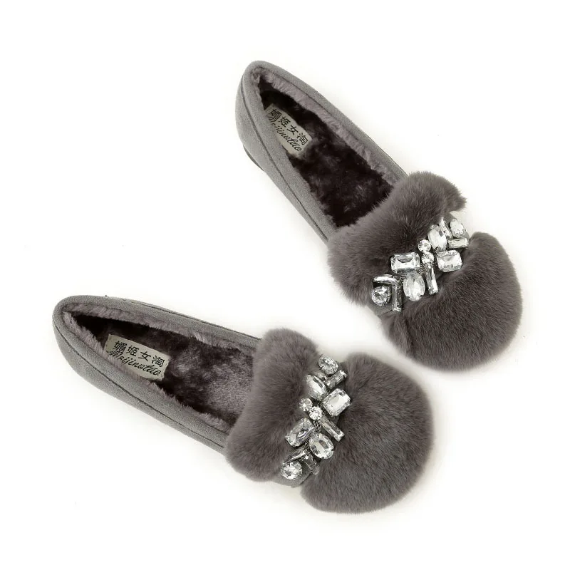 Зимние женские мокасины с натуральным кроличьим мехом; обувь с кристаллами на толстой подошве; женская плюшевая теплая обувь для беременных; удобная женская обувь без застежки