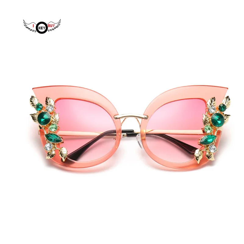 Diamond Flowers Sun Glasses Cat Eye Sunglasses Women Ladies Oversized Metal Frame Gradient Gafas Sunwear Female Eyewear