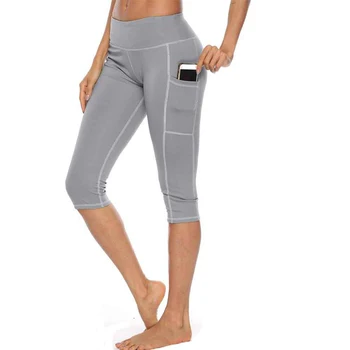 

Women Leggings Solid Color Quick Drying Fitness Leggings Side Pockets Skinny Mid Waist Casual Calf Length
