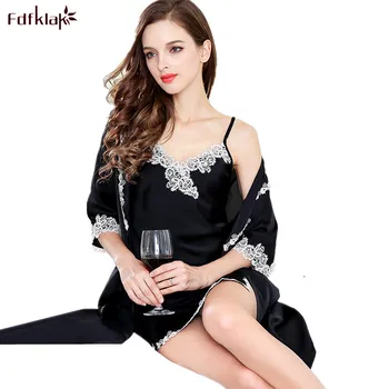 

Fdfklak High Quality Brides Silk Robe Gown Sexy New Women's Satin Lace Sleepwear 2PCS Bathrobes Set Kimono With Nightie M-2XL