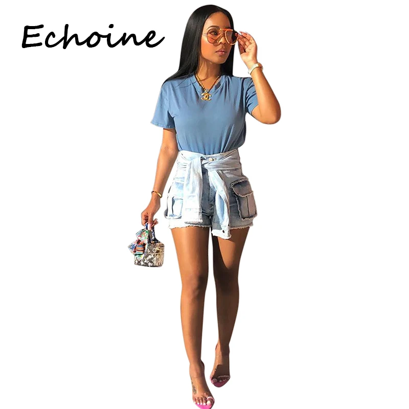 

Echoine Fahion Jeans Woman High Waist Jeans Short Pants Front Tie Skinny Jeans Woman Summer Clothes For Women Plus Size