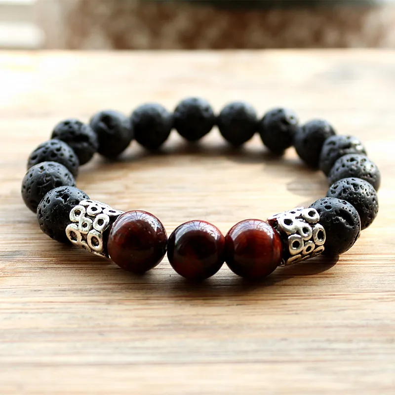 

10mm Tiger Eye Natural Stone & Black Lava Rock Stone Beads Bracelet & Bangle For Men Jewelry