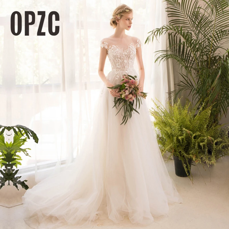 

New Fashion Simple Beach Wedding Dresses 2018 Lace Short Sleeve Sweethear Elegant Plus size Vestido De Noiva Bride Custom size