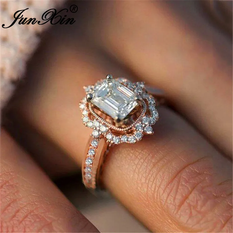 JUNXIN Princess Cute Stone Square White Crystal Rings For Women Silver/Rose Gold Filled Luxury Zircon Fashion Engagement Ring