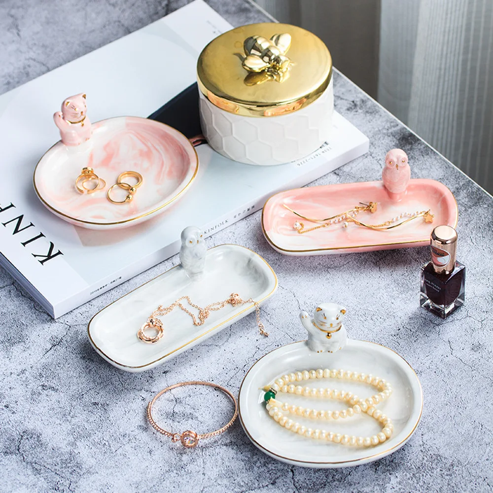 

Nordic Style Marble Pattern Storage Tray Gold Small Tray Creative Animal Solid Color Jewelry Desktop Storage Tray Organizer