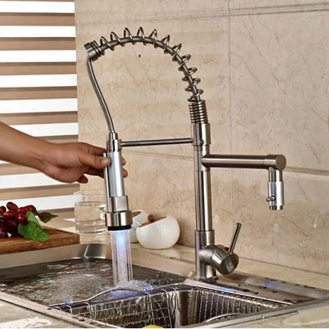 Nickel Brushed LED Swivel Spout Spring Kitchen Faucet Dual Sprayer Deck Mounted Single Handle Hole Hot