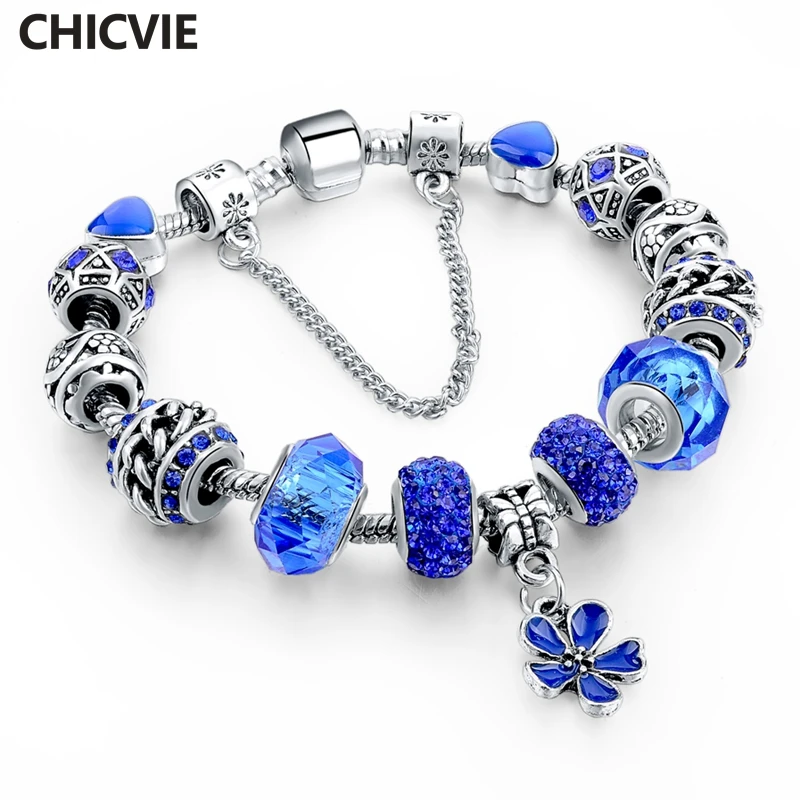 

CHICVIE Crystal Chain Link Blue Flower &Heart Bracelets & Bangles For Women Silver Charm Boho Jewelry Tassel Bracelet SBR160034