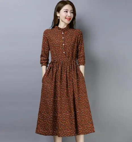 Осень-зима, женское вельветовое платье с длинным рукавом, Повседневные Вечерние Платья с цветочным принтом и эластичной талией, женские платья Vestidos - Color: Brown