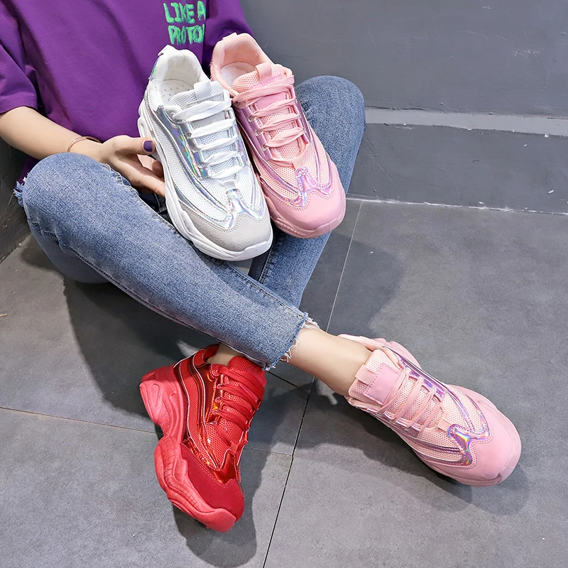 

Women casual shoes new red platform shoes bright shoes high street breathable mesh Ladies thick sole shoes woman Sneakers NY-82