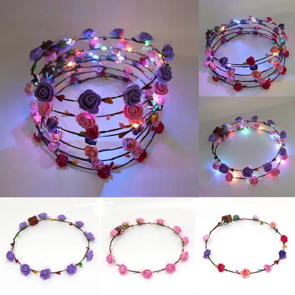

2019 Girls LED Light Up Glowing Wreath Halloween Crown Flower Headband Christmas Party Kids Gift