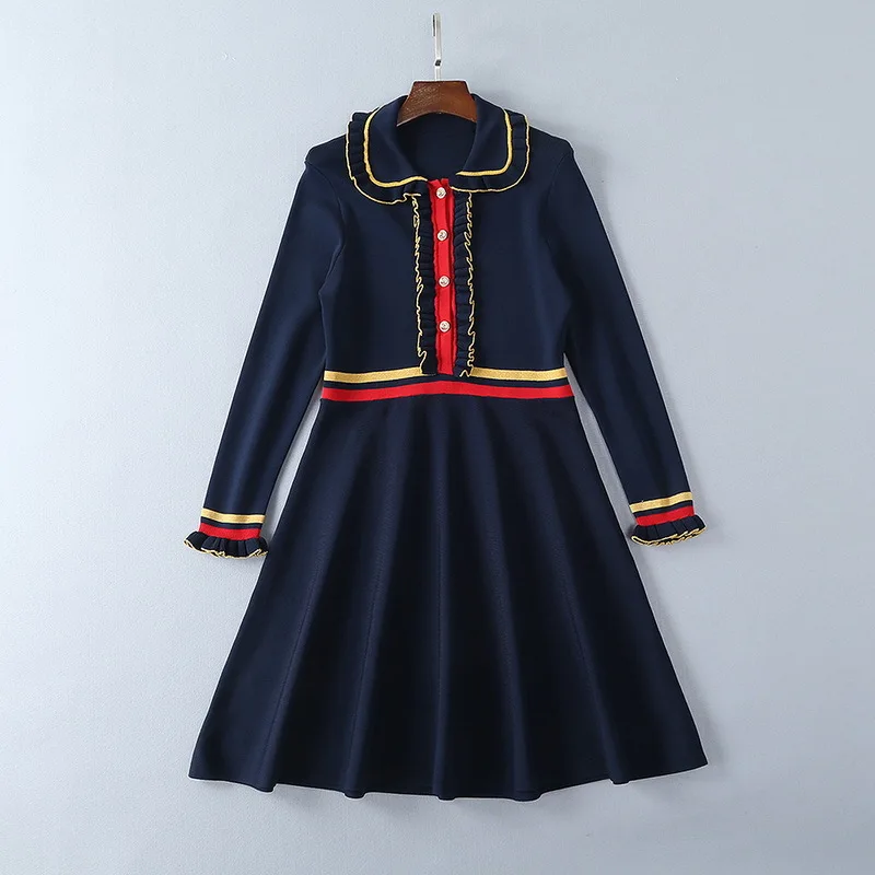 

New arrival 2018 spring ruffles long sleeve knitting dress fashion women's peter pan collar A-line dress Chic elegant dress