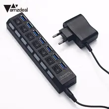 Amzdeal 7 портов USB 3,0 хаб USB High супер Скорость 5 Гбит/с Мощность на/выключения Кабель-адаптер для портативных ПК ЕС plug