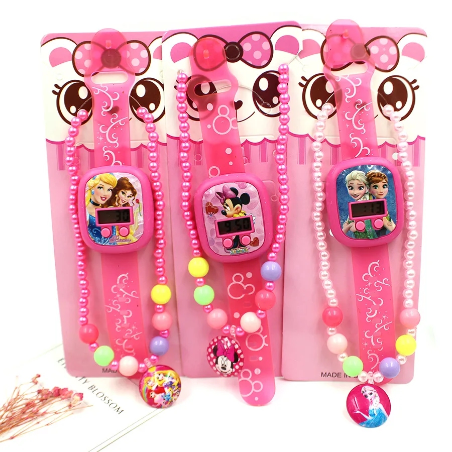 

2pcs/lot Disney cartoon Frozen children necklace+Watch boy girl birthday gift female sweater Elsa doll accessories cosmetic toy
