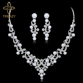

TREAZY Fashion Simulated Pearl Bridal Jewelry Sets Silver Color Crystal Floral Necklace Earrings Sets 2018 Wedding Jewelry Set