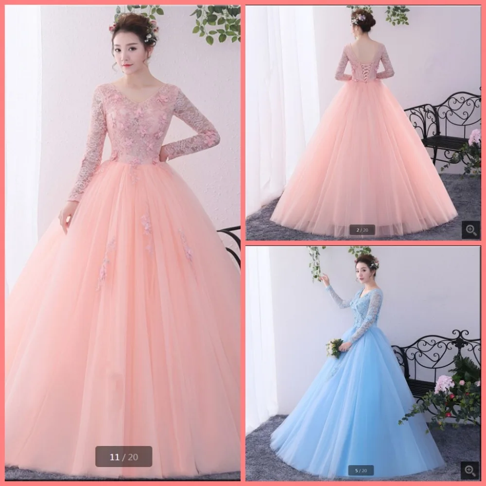 

New arrival ball gown pink lace appliques with flower modest prom dress long sleeve muslim v neck puffy prom gowns hot sale
