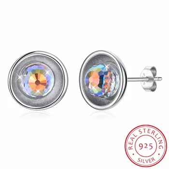 

LEKANI European 925 Sterling silver Needle round Earrings Crystal From Swarovski Simple Temperament Fine Jewelry