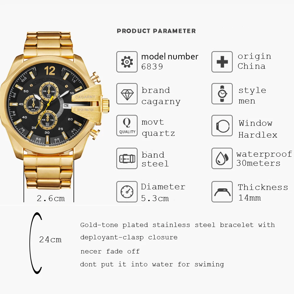  Mens Watches Top Brand Luxury Gold Steel Quartz Watch Men Cagarny Casual Male Wrist Watch Military 