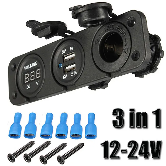 

12V 24V Car Blue Dual USB Charger Adapter Digital Voltmeter Cigarette Lighter Socket LED Light Power Outlet For Mobile Phone