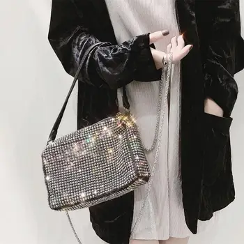 

Rhinestone Handbags Small 2019 New Fashion Diamonds Shoulder Messenger Chain Small Square Bag Female