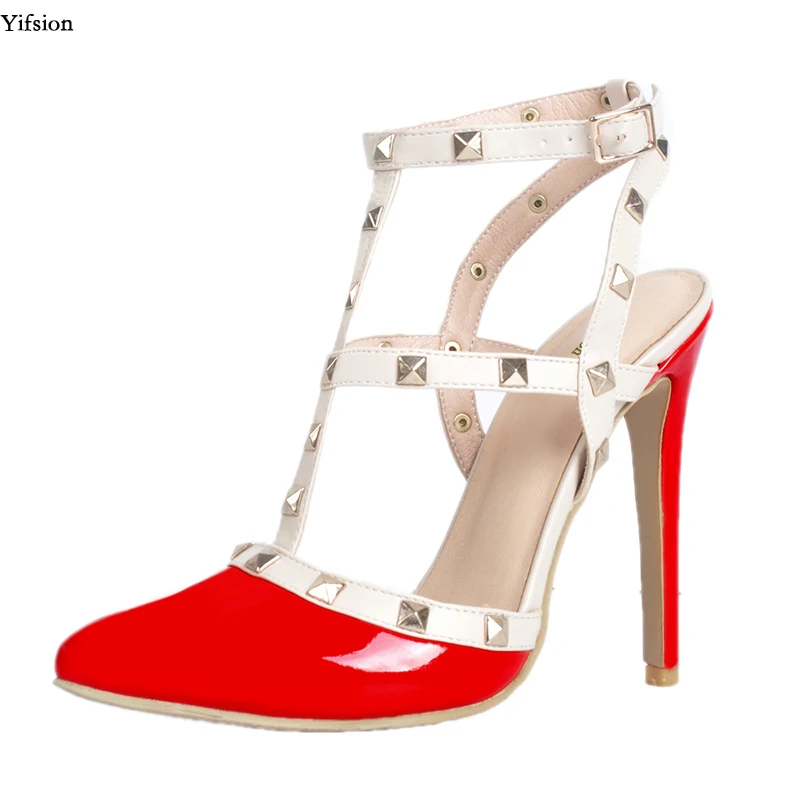 

Olomm Women Summer Sandals Sexy Rivet High Heel Sandals Pointed Toe Red Orange Black White Party Shoes Women US Plus Size 4-15