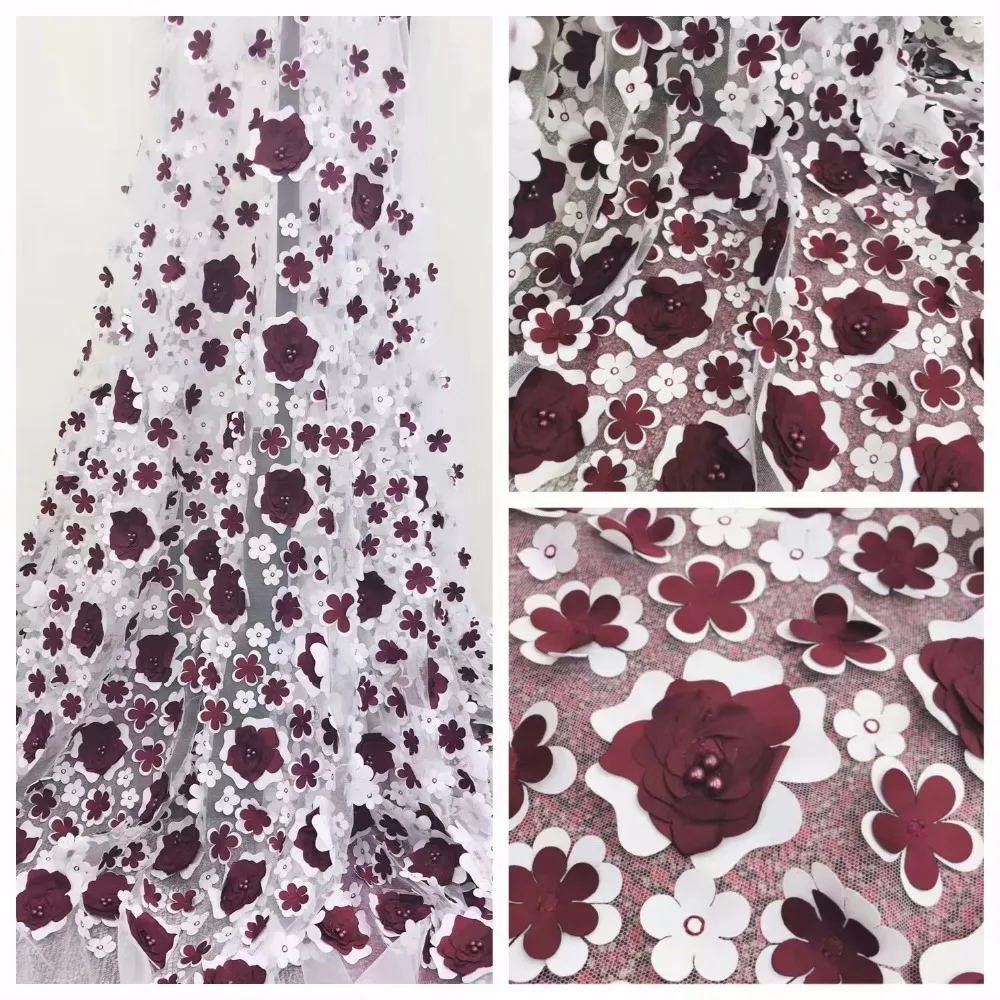 

French bead lace fabric for haute couture with 3D applique and pearl African bridal wedding decoration costumes accessories lace