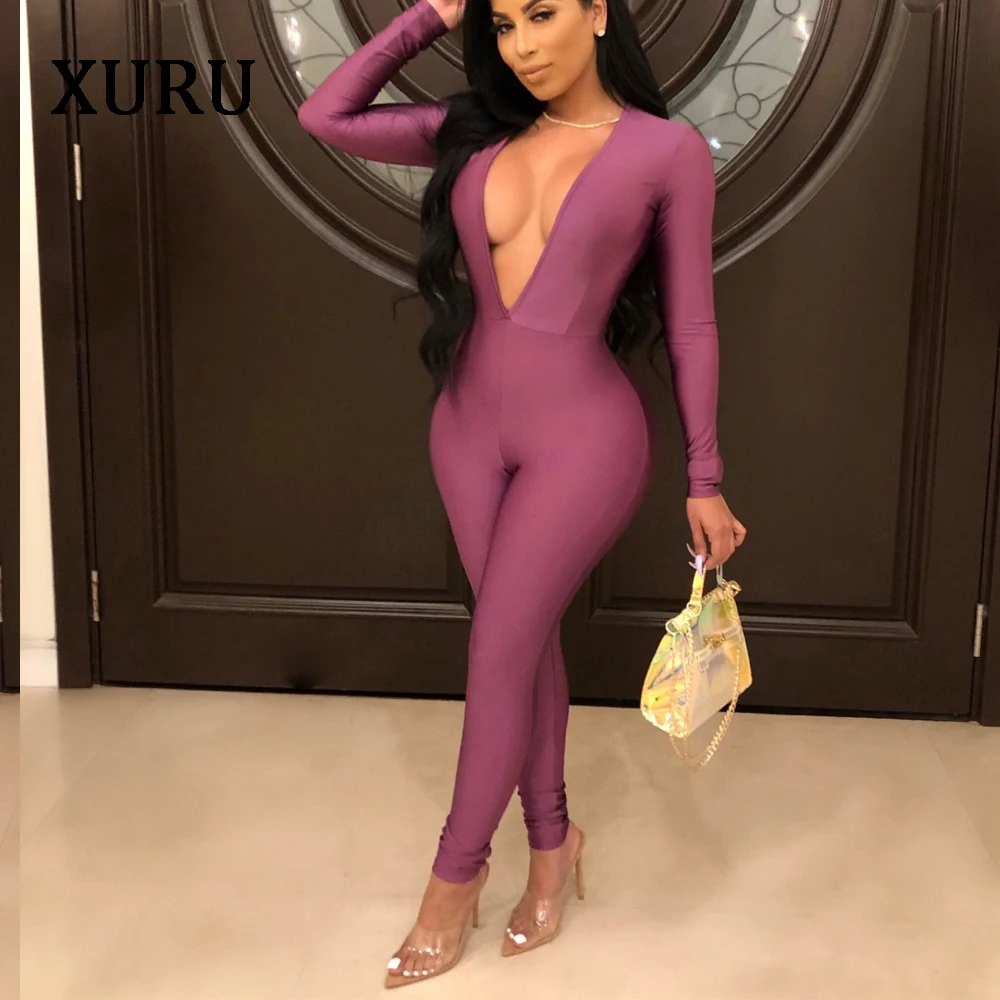 XURU Autumn And Winter Women's Solid Color Long-sleeved Sexy Deep V-neck Jumpsuit Tight Sportswear Sexy Nightclub Women's 
