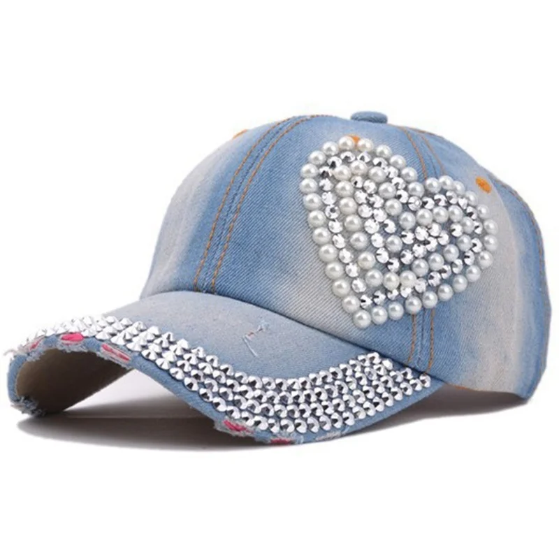 Fashion Women Girls Outdoor Caps Heart Rhinestone Denim Baseball Cap