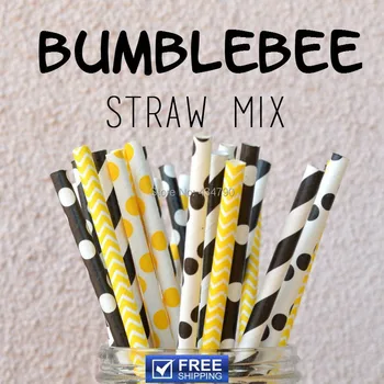 

250pcs Mixed 5 Designs Bumblebee Paper Straws Party, Yellow and Black Striped, Polka Dot, Chevron, Sailor Stripe, Decorative