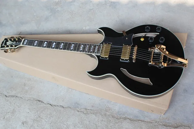 Cheap New arrival Black LP metal rock Half hollow electric guitar,free shipping!