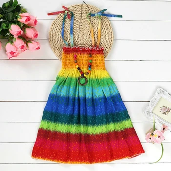 

2018 Summer Dress for Girls Bohemian Beach Dress with Beading Necklace Sundress Floral Sling Rainbow Dress Girl Vestido