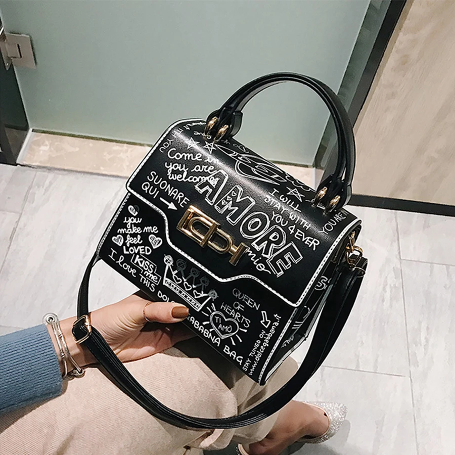 Designer Street Graffiti Handbag Women bag PU Leather Small Flap Bag Luxury Shoulder Crossbody Bag For Women Clutch Purse 2019
