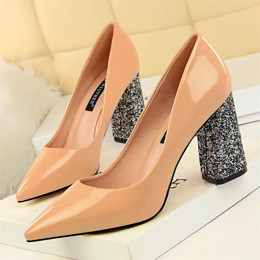 Модная обувь из ткани, расшитой блестками; туфли на высоком каблуке Для женщин офисные туфли OL Лакированная кожа острый носок туфли обувь на высоком каблуке Для женщин 7 цветов - Цвет: Розовый
