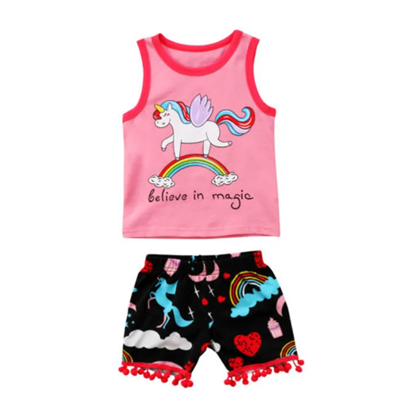 

Cute Toddler Kids Baby Girls Clothes Unicorn Cotton Sleeveless Tops T-shirt Short Pants Outfits Set Summer 2PCS