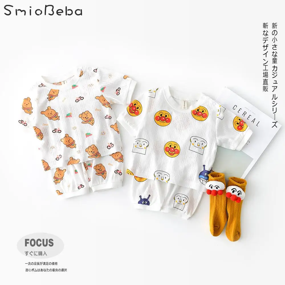 Baby Boys Cute Cartoon Two Pieces Sets Girl Kids Clothing Shoulder Button Home Short Sleeve Tops Summer Pants 2pcs Set | Детская одежда