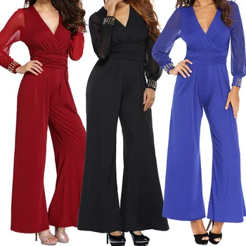 

2018 Spring Women Long Chiffon Jumpsuit Sexy V-neck Long Sleeve Full Length Loose Pants Playsuit Bodysuit Women Macacao Feminino