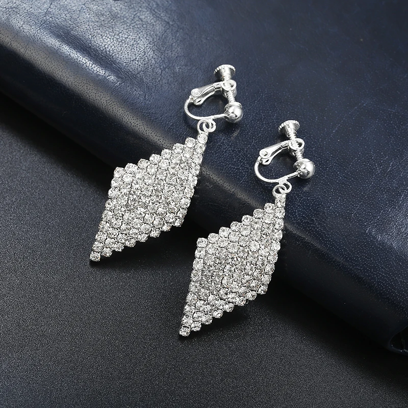 

Luxury Bridal Clip on Earrings Silver Pave Full Rhinestone Rhombus Ear Clips for Women Without Piercing Wedding Party Jewelry