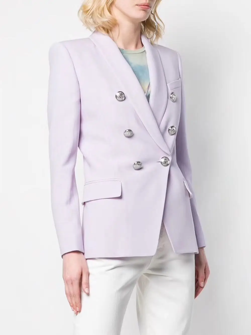 

High End !!! Violet Double-Breasted Blazer Silver Embossed Buttons Shawl Collar Long Sleeved Coat Flap Pockets Woman Top
