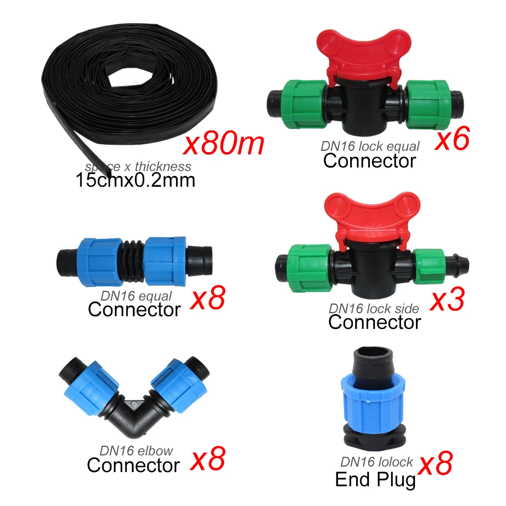 MUCIAKIE 80 м сад теплица воды капельная лента оросительный комплект с падением пространства 15 см лента DN16 равный Локоть разъем концевые вилки - Цвет: FxAB820C