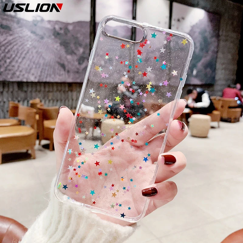 

USLION Luxury Glitter Bling Stars Phone Case For iphone XS Max XR X Clear Soft TPU Cover Transparent Shining Cases 7 6s 8 Plus 6