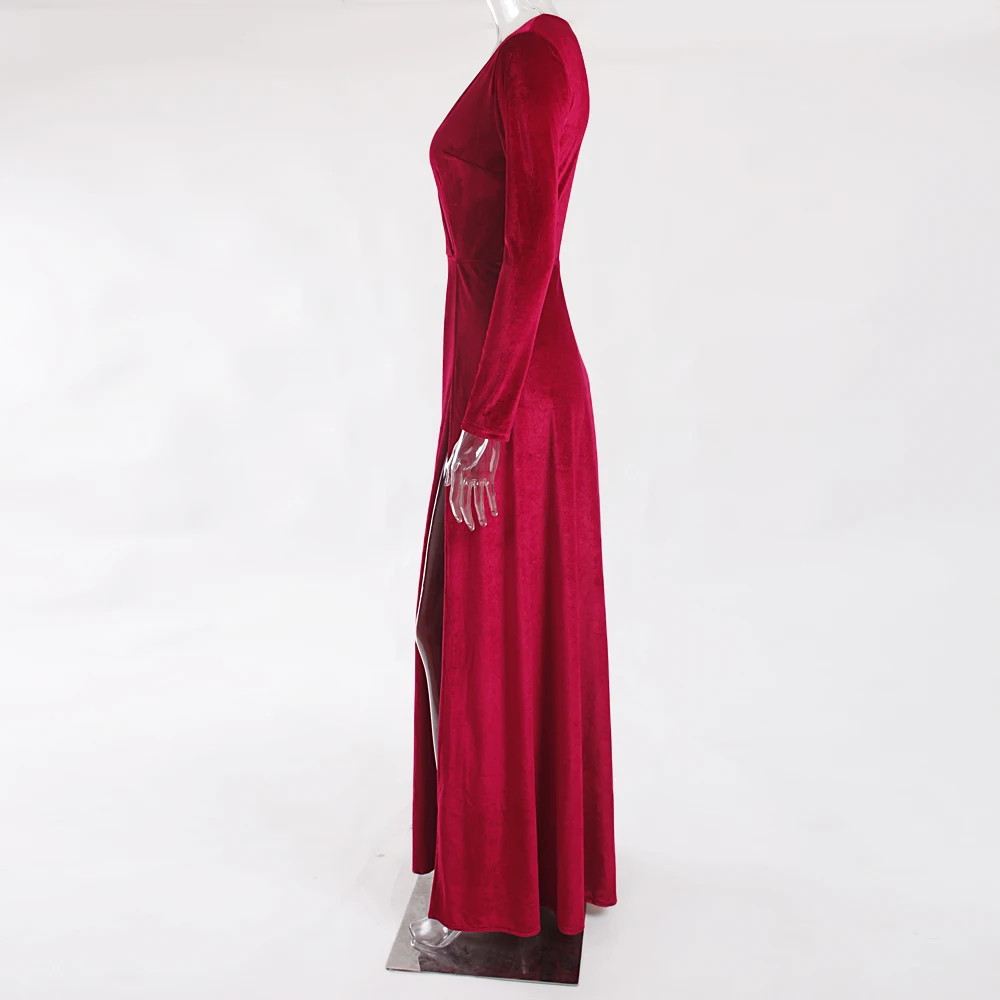 Burgundy Velvet Deep V Neck Maxi Dress Empire Double Splits Full Sleeved Party Dress Autumn Winter