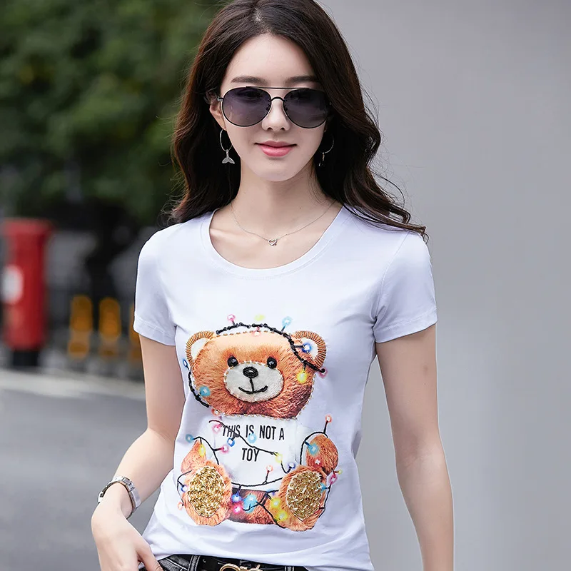 

Bear Printed T Shirt Women Top Tees Plus Size 2019 Summer Lady Streetwear Short Sleeve O Neck Slim Fit Tshirt Woman Casual 3202