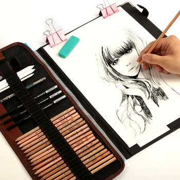Caja de lápices Marco para bocetos, Kit profesional de dibujo con gomas de borrar de papel, suministros de arte con cuchillo, 18 Uds.