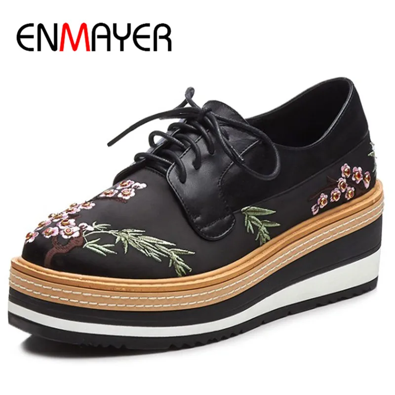 

ENMAYER New Embroider Shoes Woman Platform Shoes Size 39 High Heels Pumps Wedges Shoes for Women Cross-ties