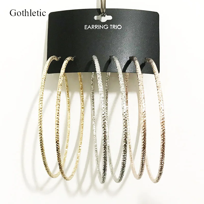 

Gothletic Gold/Rhodium/Rose Gold Color Mixed Hoop Earrings Pack 90MM Big Textured Metal Round Circle Earring Jewelry 3 Pairs/Set